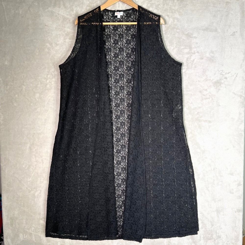 LuLaRoe Lace Open Front Duster Large Black Joy Goth Vest Whimsy Festival Witchy